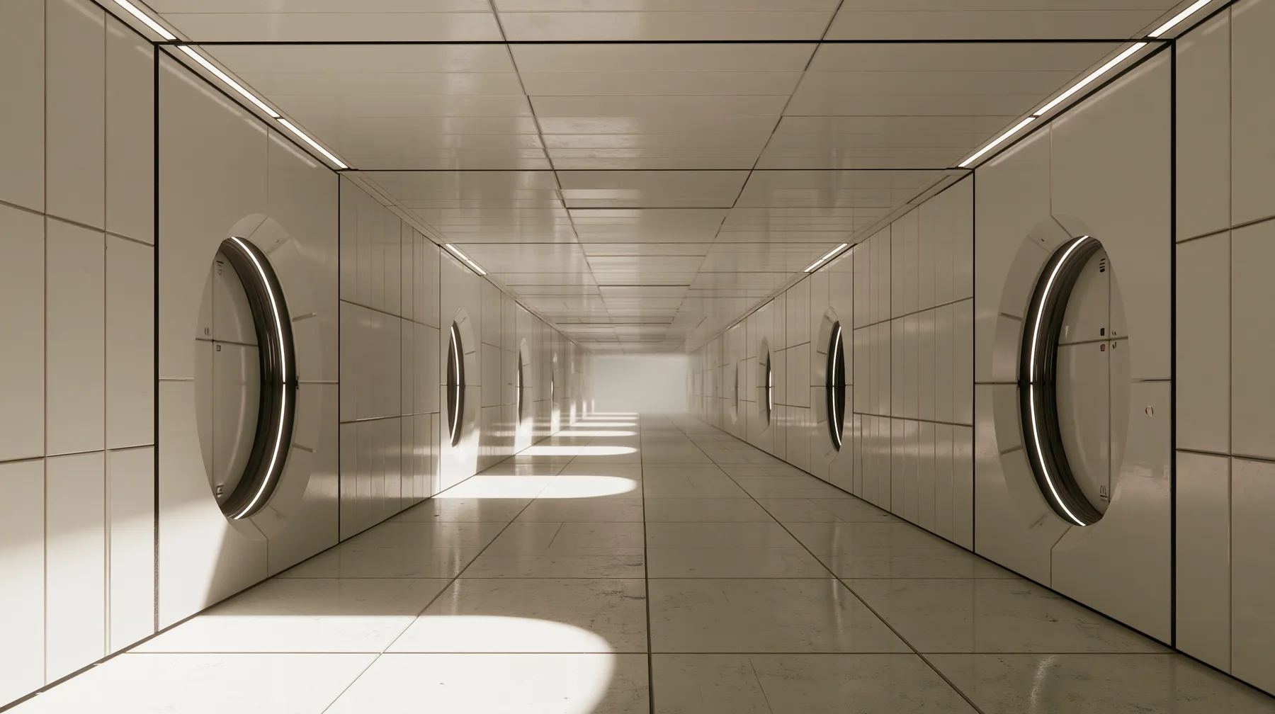 Valve's Portal 2 as a neural network dreams it, a Source engine render: endless liminal Aperture Science corridors of white panels with black seams, repeating round doors and light strips receding into soft white…