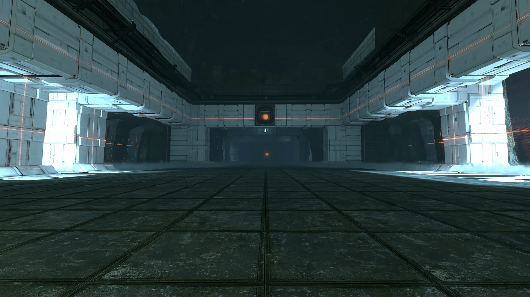 Portal 2 Source engine render dreamed by a neural network, an initialisation dreamscape: in a dark void white Aperture wall panels unfold and assemble themselves into a chamber, scan lines of amber light sweeping…