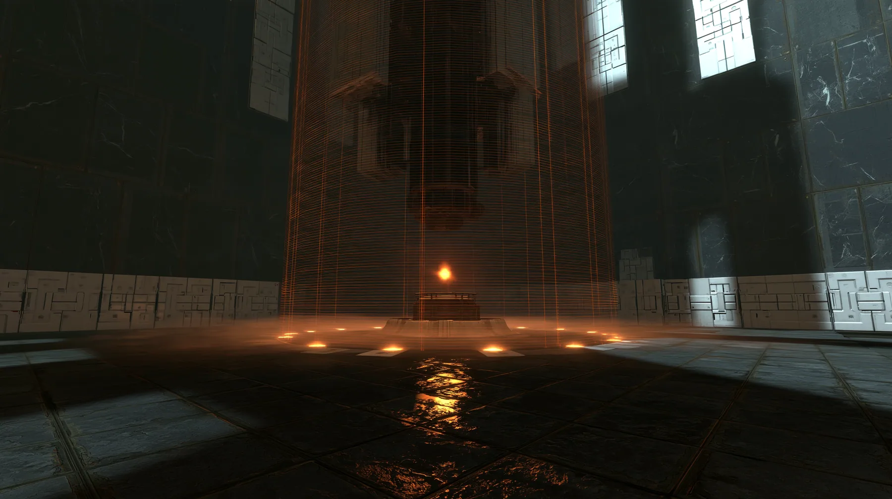 Portal 2 Source engine render dreamed by a neural network, an initialisation dreamscape: in a dark void white Aperture wall panels unfold and assemble themselves into a chamber, scan lines of amber light sweeping…