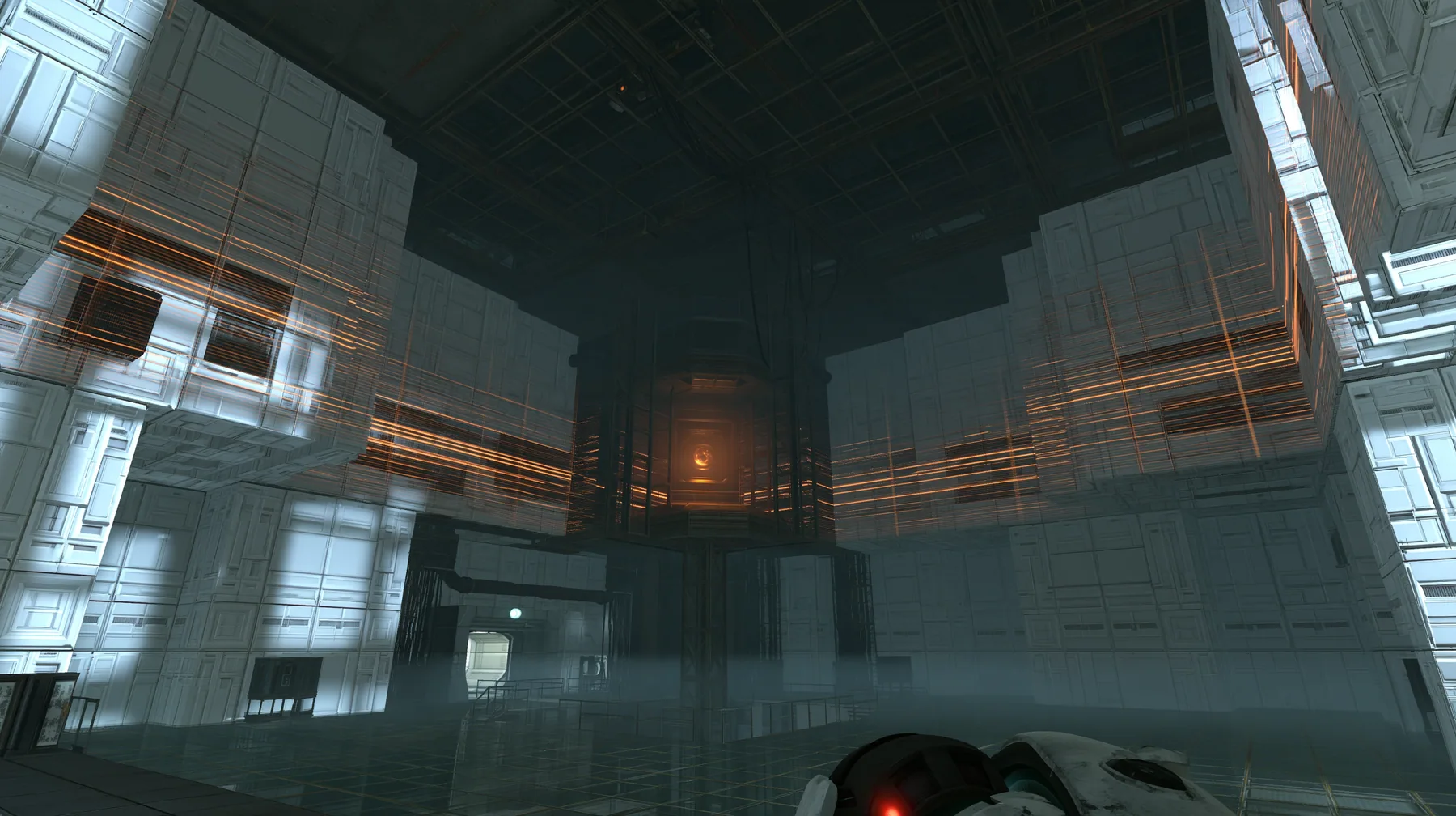 Portal 2 Source engine render dreamed by a neural network, an initialisation dreamscape: in a dark void white Aperture wall panels unfold and assemble themselves into a chamber, scan lines of amber light sweeping…