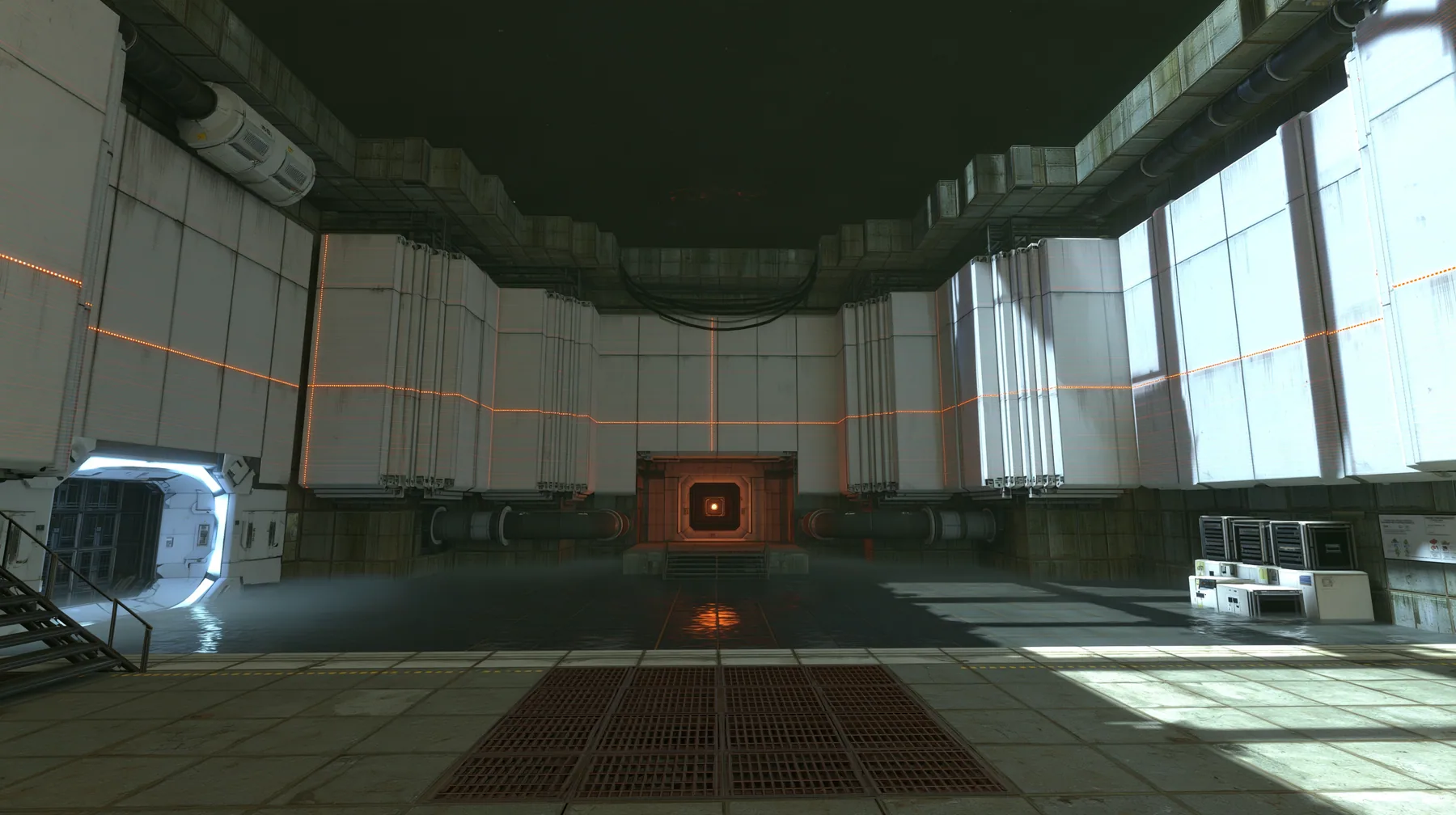 Portal 2 Source engine render dreamed by a neural network, an initialisation dreamscape: in a dark void white Aperture wall panels unfold and assemble themselves into a chamber, scan lines of amber light sweeping…