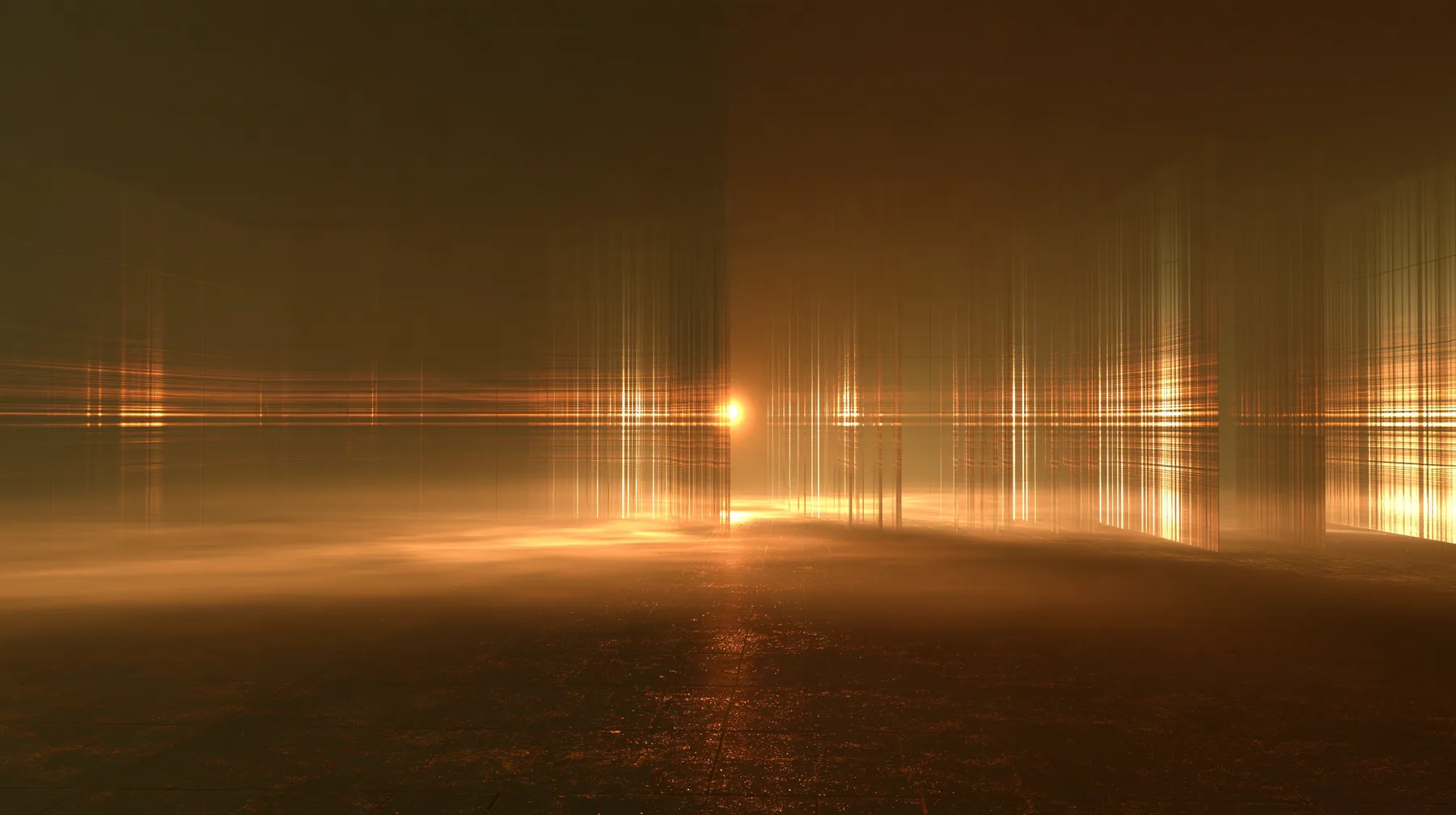 Valve's Portal 2 as a neural network dreams it, a Source engine render: an initialisation dreamscape: in a dark void white Aperture wall panels unfold and assemble themselves into a chamber, scan lines of amber light…