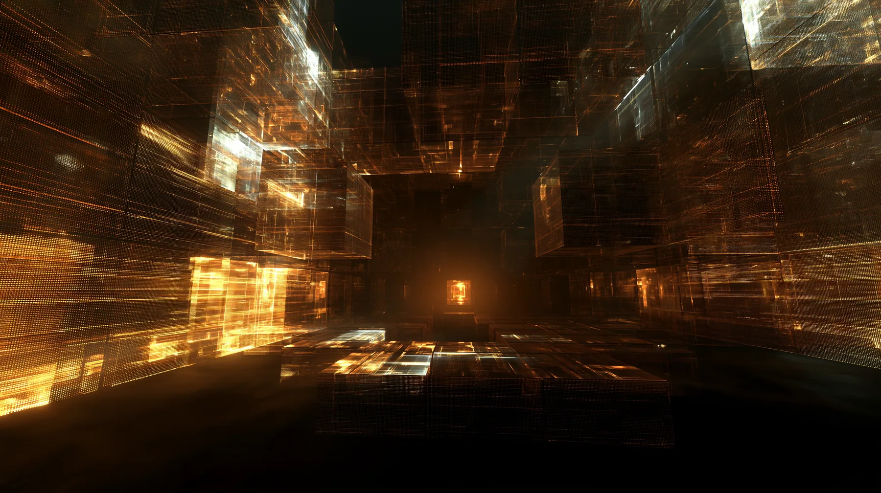 Valve's Portal 2 as a neural network dreams it, a Source engine render: an initialisation dreamscape: in a dark void white Aperture wall panels unfold and assemble themselves into a chamber, scan lines of amber light…