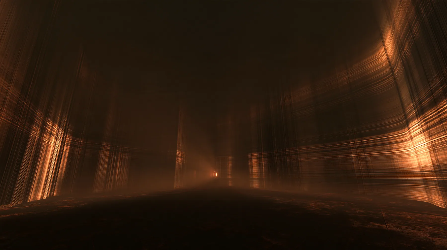 Valve's Portal 2 as a neural network dreams it, a Source engine render: an initialisation dreamscape: in a dark void white Aperture wall panels unfold and assemble themselves into a chamber, scan lines of amber light…