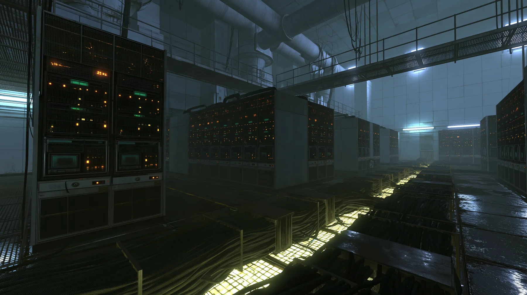 Portal 2 (2011) Source engine screenshot, Valve, an Aperture Science server hall behind the scenes: rows of tall 1970s mainframe cabinets with blinking amber and green lights, thick cable trunks along the floor…