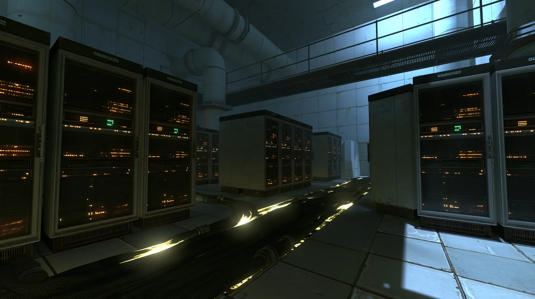 Portal 2 (2011) Source engine screenshot, Valve, an Aperture Science server hall behind the scenes: rows of tall 1970s mainframe cabinets with blinking amber and green lights, thick cable trunks along the floor…