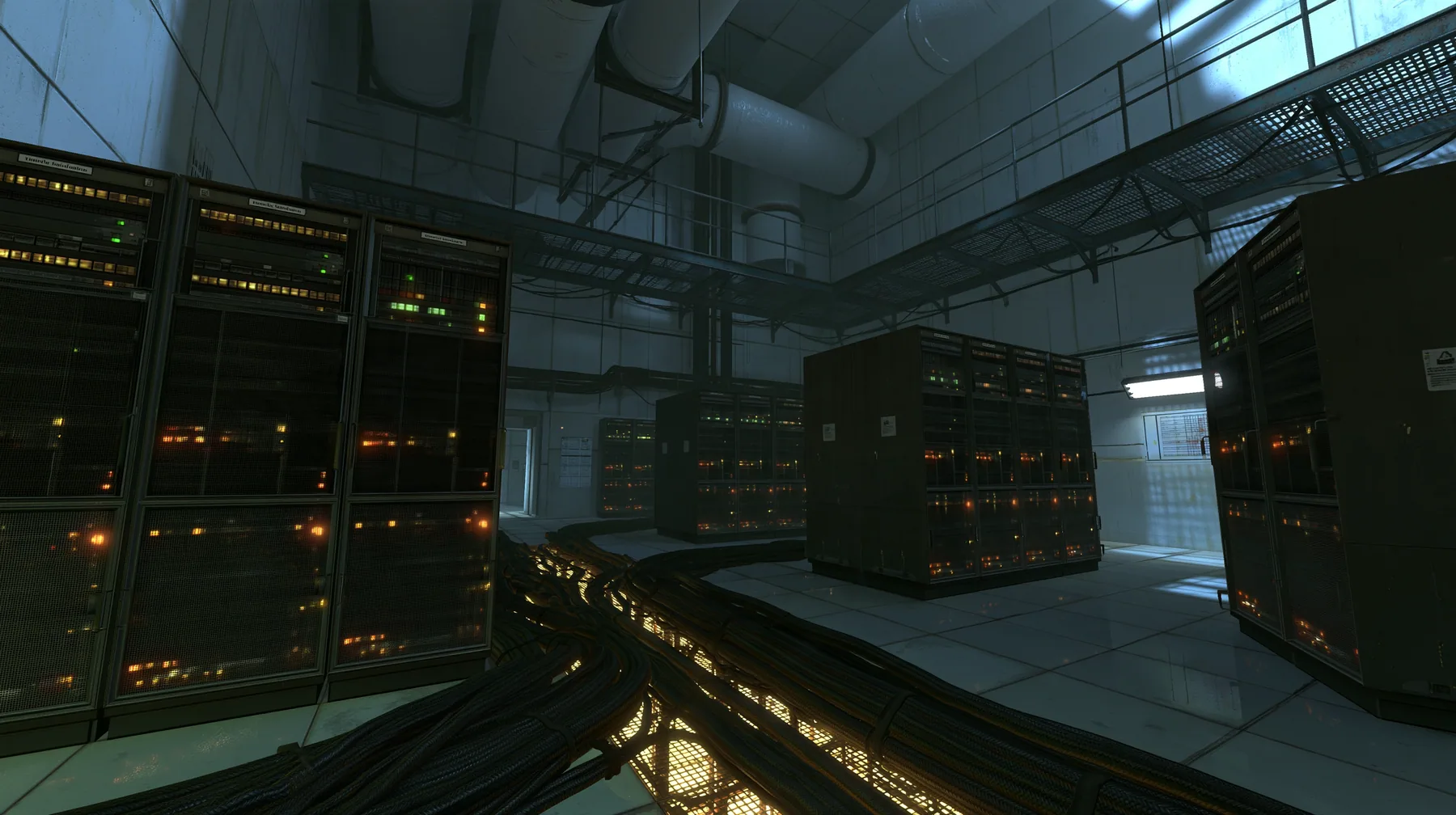 Portal 2 (2011) Source engine screenshot, Valve, an Aperture Science server hall behind the scenes: rows of tall 1970s mainframe cabinets with blinking amber and green lights, thick cable trunks along the floor…
