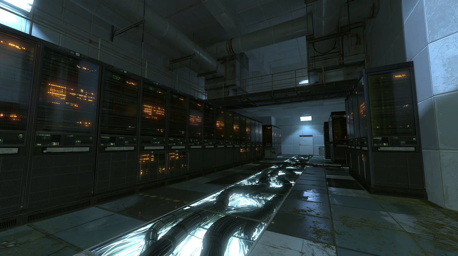 Portal 2 (2011) Source engine screenshot, Valve, an Aperture Science server hall behind the scenes: rows of tall 1970s mainframe cabinets with blinking amber and green lights, thick cable trunks along the floor…