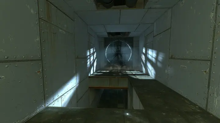 Portal 2 (2011) Source engine screenshot, Valve, inside a square Aperture Science ventilation duct, grey metal walls with rivets and seams, a spinning fan grille at the far end throwing beams of light through dust, a…