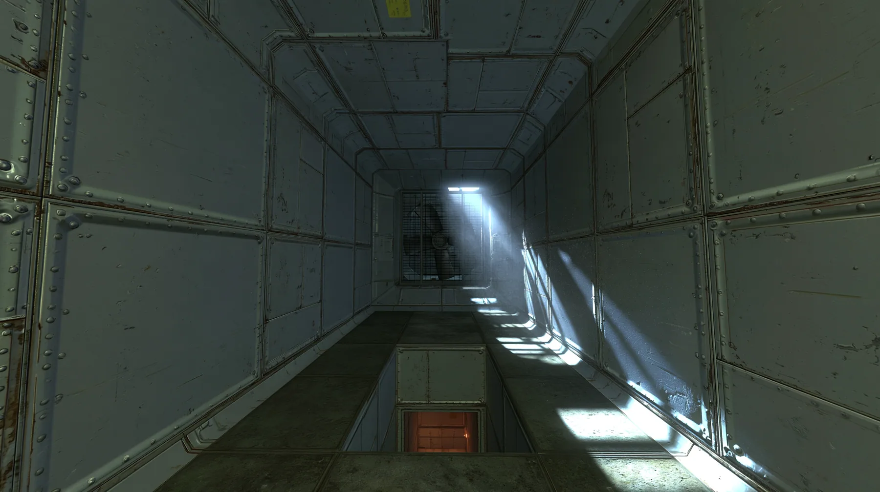 Portal 2 (2011) Source engine screenshot, Valve, inside a square Aperture Science ventilation duct, grey metal walls with rivets and seams, a spinning fan grille at the far end throwing beams of light through dust, a…