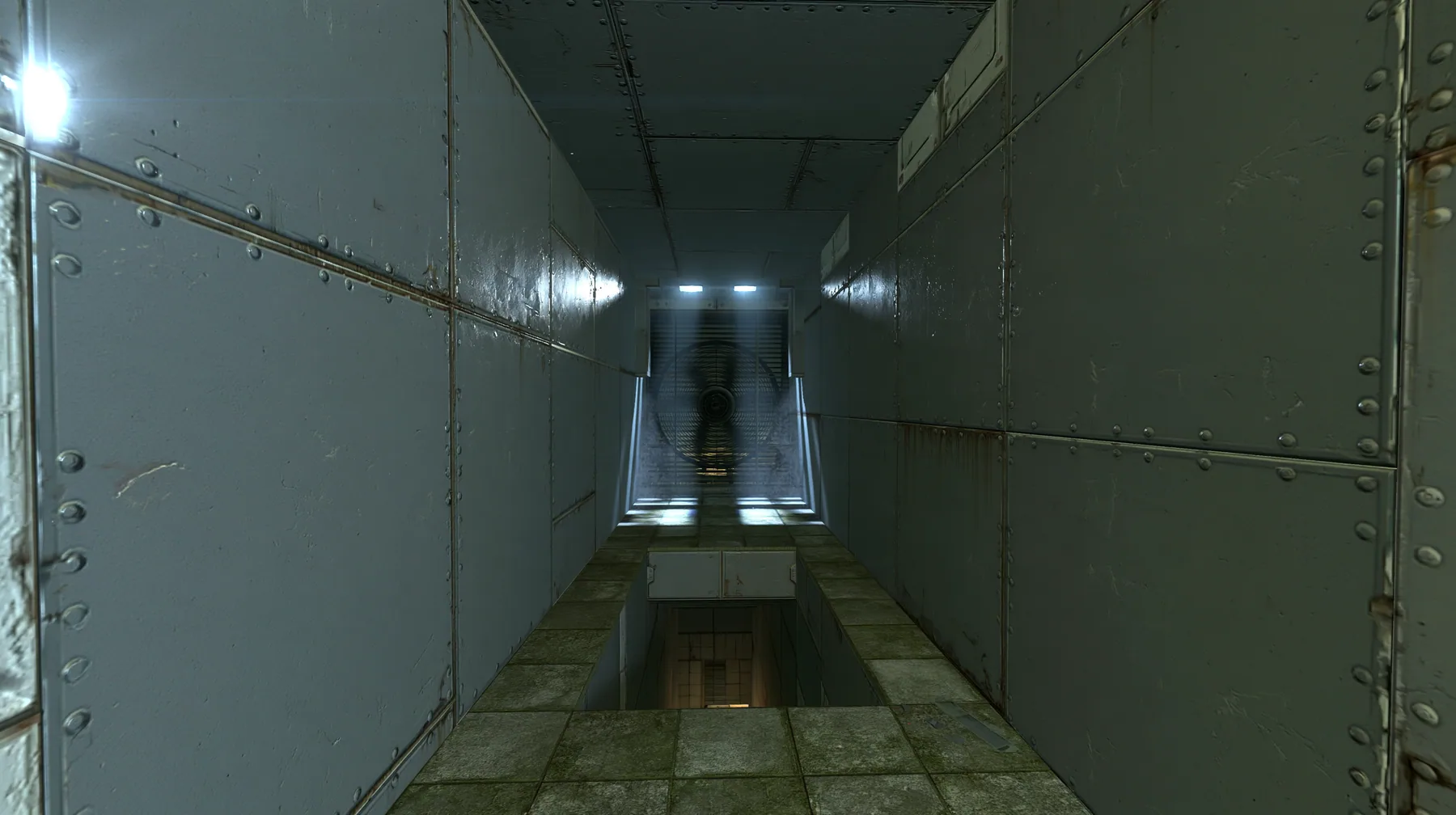 Portal 2 (2011) Source engine screenshot, Valve, inside a square Aperture Science ventilation duct, grey metal walls with rivets and seams, a spinning fan grille at the far end throwing beams of light through dust, a…