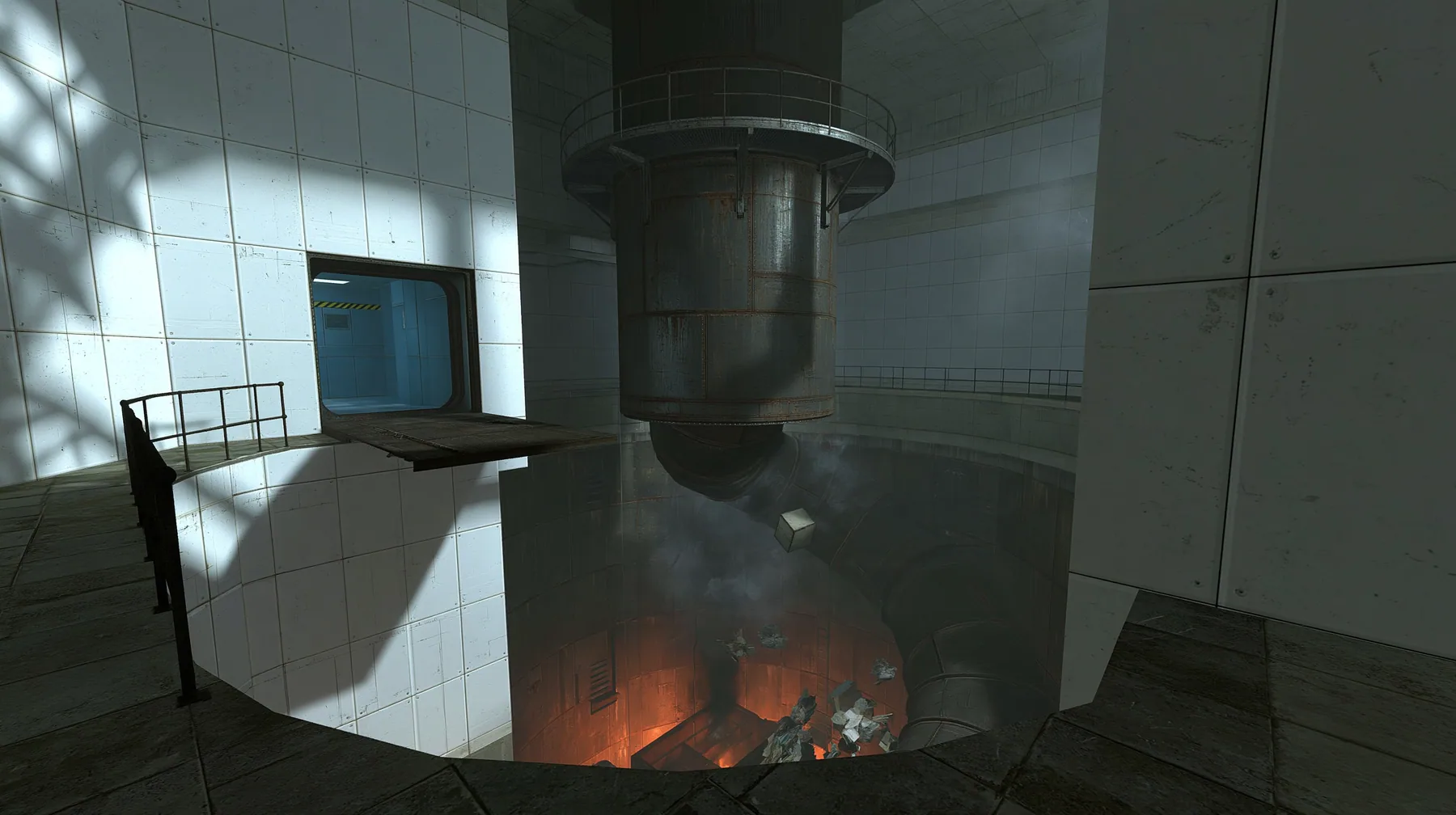 Portal 2 (2011) Source engine screenshot, Valve, an Aperture Science disposal chute: a steep round metal tube dropping from an open hatch in white panels down toward an orange glow of an incinerator far below, scraps…