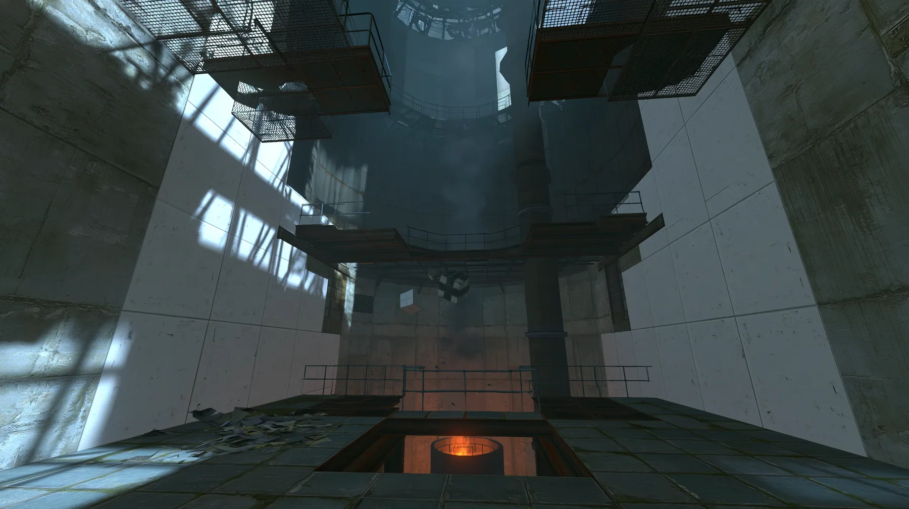 Portal 2 (2011) Source engine screenshot, Valve, an Aperture Science disposal chute: a steep round metal tube dropping from an open hatch in white panels down toward an orange glow of an incinerator far below, scraps…