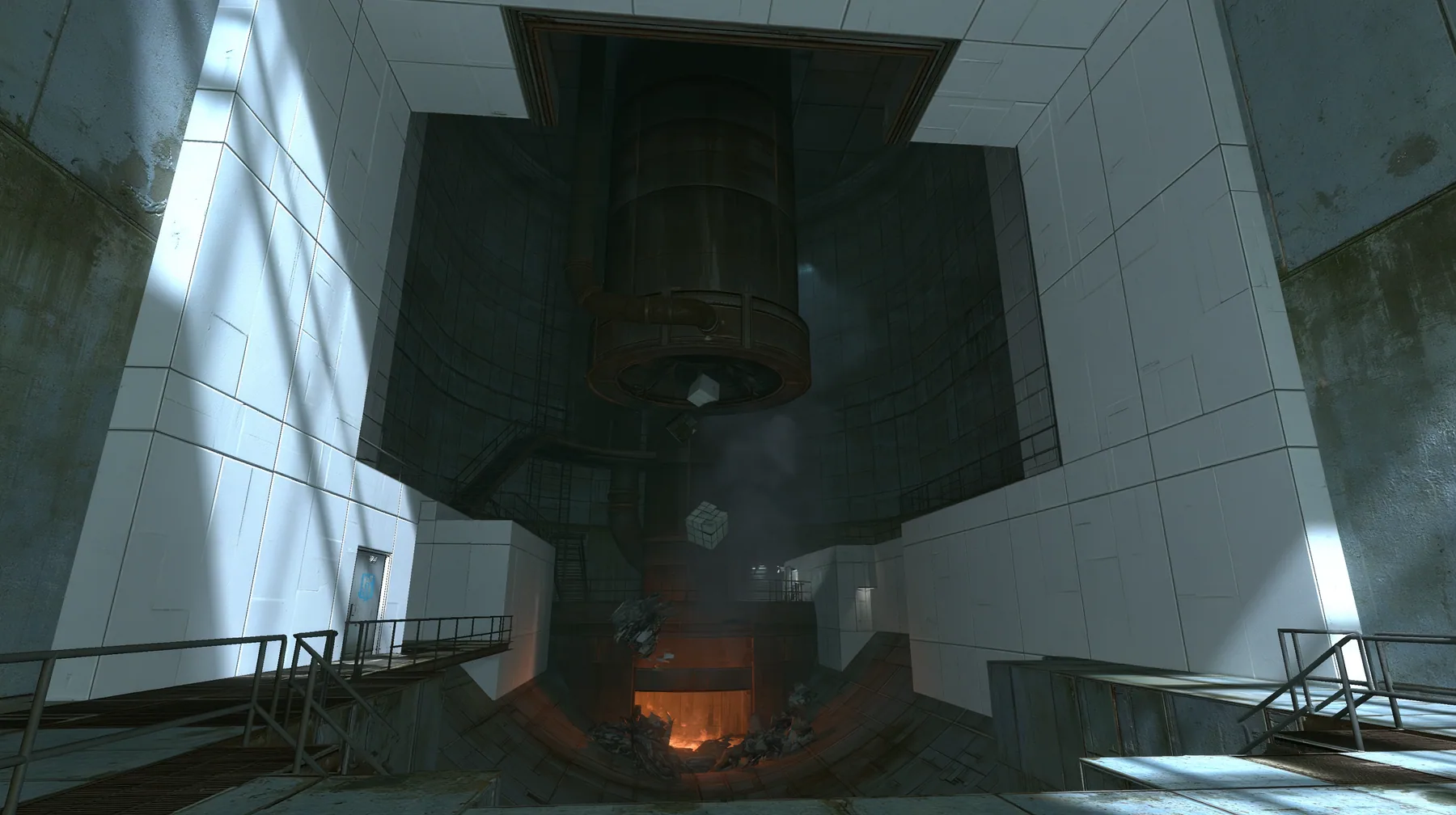 Portal 2 (2011) Source engine screenshot, Valve, an Aperture Science disposal chute: a steep round metal tube dropping from an open hatch in white panels down toward an orange glow of an incinerator far below, scraps…