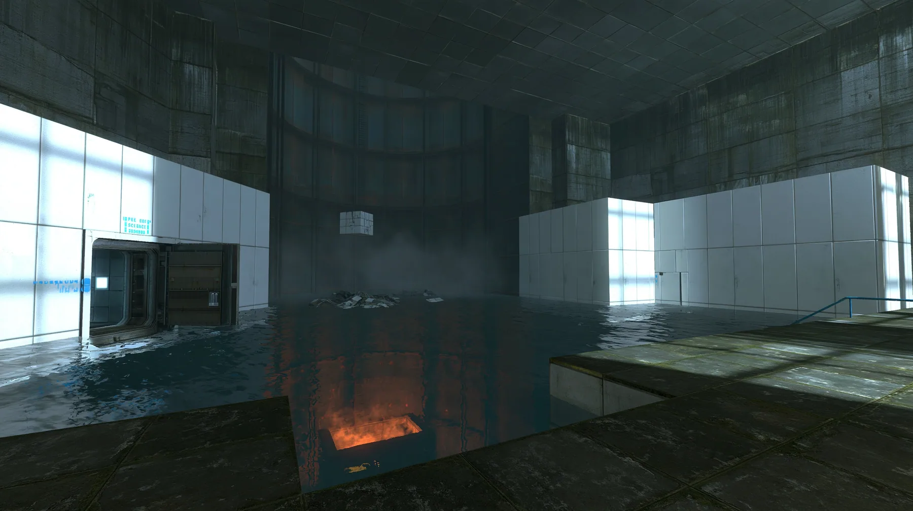 Portal 2 (2011) Source engine screenshot, Valve, an Aperture Science disposal chute: a steep round metal tube dropping from an open hatch in white panels down toward an orange glow of an incinerator far below, scraps…