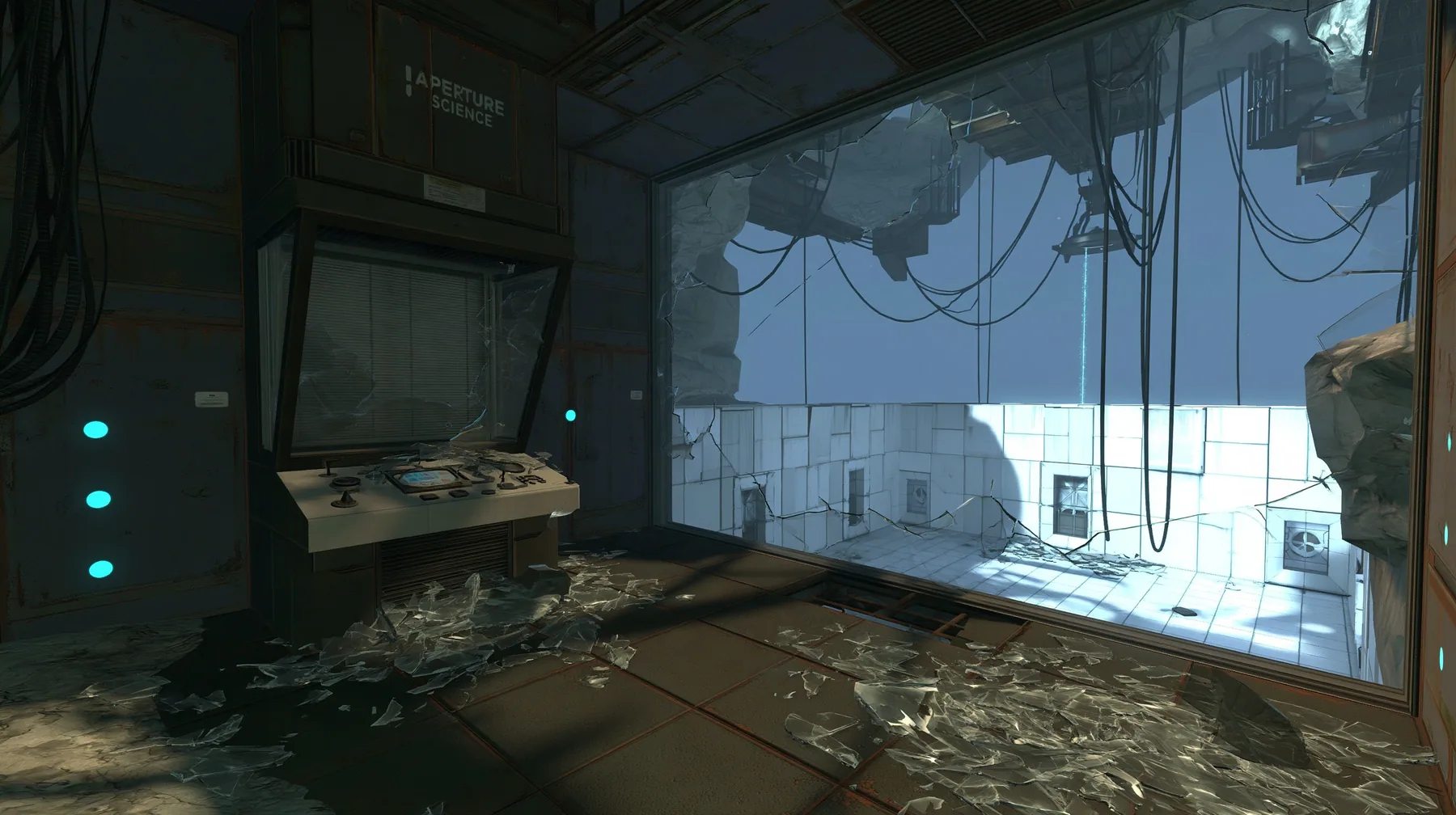 Portal 2 (2011) Source engine screenshot, Valve, a dark Aperture Science observation booth above a white test chamber, its big window smashed outward, glass shards across the console and the floor, the bright chamber…