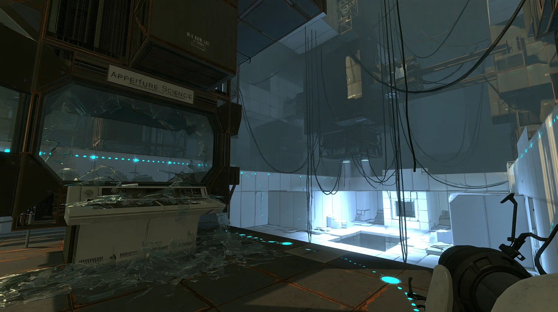 Portal 2 (2011) Source engine screenshot, Valve, a dark Aperture Science observation booth above a white test chamber, its big window smashed outward, glass shards across the console and the floor, the bright chamber…