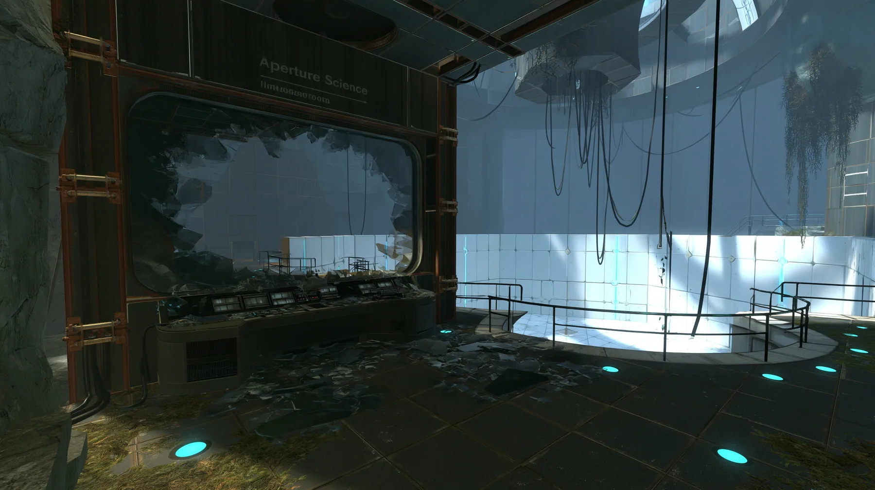 Portal 2 (2011) Source engine screenshot, Valve, a dark Aperture Science observation booth above a white test chamber, its big window smashed outward, glass shards across the console and the floor, the bright chamber…