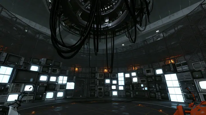 Portal 2 (2011) Source engine screenshot, Valve, GLaDOS's dark central AI chamber: the empty ceiling ring mount with thick black cables hanging down, the curved lattice walls behind and around it covered floor to…