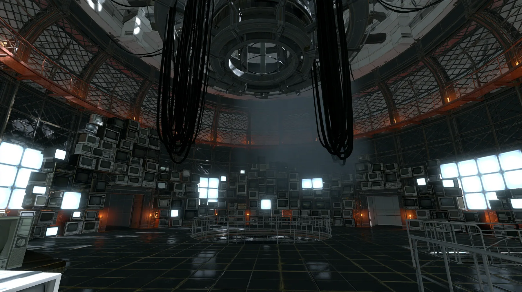 Portal 2 (2011) Source engine screenshot, Valve, GLaDOS's dark central AI chamber: the empty ceiling ring mount with thick black cables hanging down, the curved lattice walls behind and around it covered floor to…