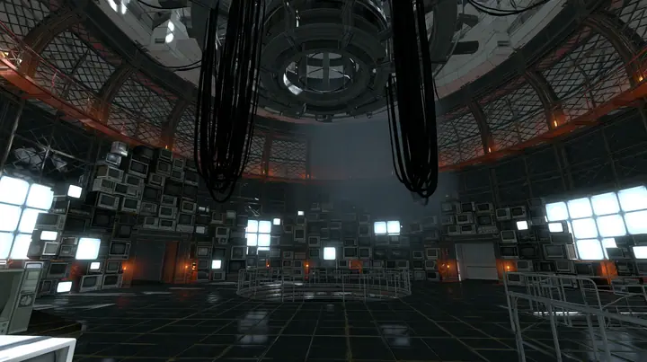 Portal 2 (2011) Source engine screenshot, Valve, GLaDOS's dark central AI chamber: the empty ceiling ring mount with thick black cables hanging down, the curved lattice walls behind and around it covered floor to…