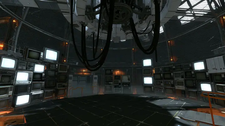 Portal 2 (2011) Source engine screenshot, Valve, GLaDOS's dark central AI chamber: the empty ceiling ring mount with thick black cables hanging down, the curved lattice walls behind and around it covered floor to…