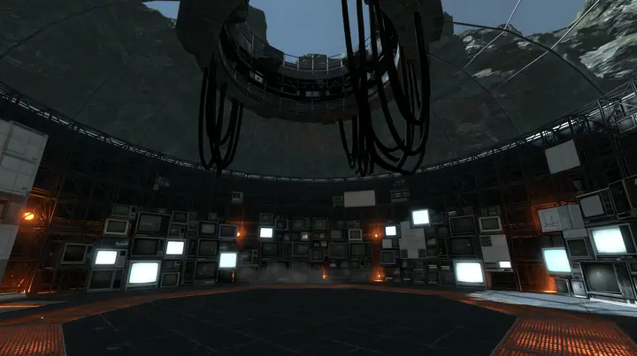 Portal 2 (2011) Source engine screenshot, Valve, GLaDOS's dark central AI chamber: the empty ceiling ring mount with thick black cables hanging down, the curved lattice walls behind and around it covered floor to…