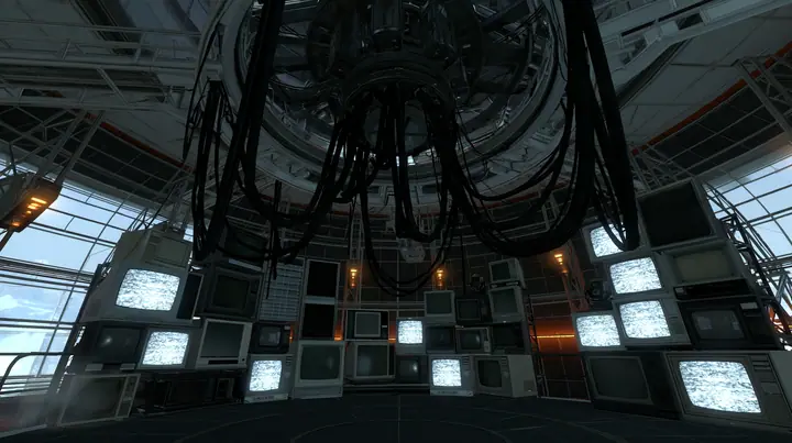 Portal 2 (2011) Source engine screenshot, Valve, GLaDOS's dark central AI chamber: the empty ceiling ring mount with thick black cables hanging down, dozens of old CRT monitors, TVs and panel displays stacked around…