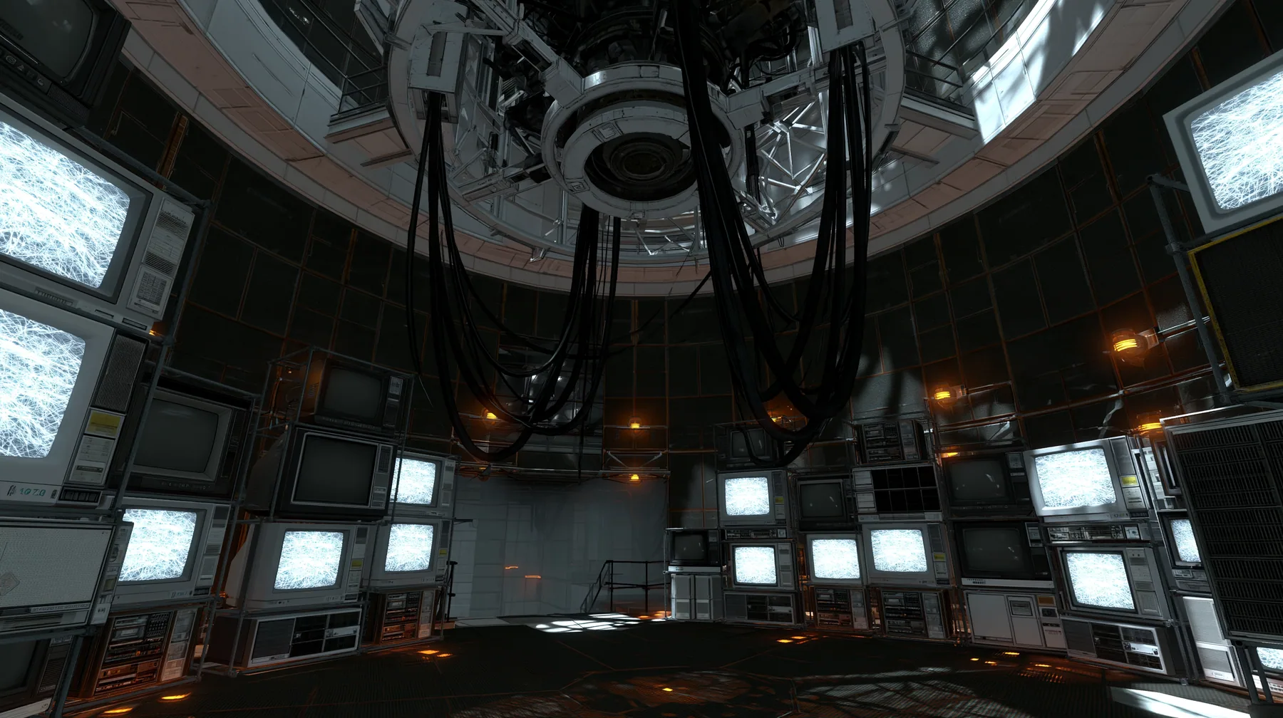 Portal 2 (2011) Source engine screenshot, Valve, GLaDOS's dark central AI chamber: the empty ceiling ring mount with thick black cables hanging down, dozens of old CRT monitors, TVs and panel displays stacked around…