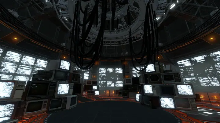 Portal 2 (2011) Source engine screenshot, Valve, GLaDOS's dark central AI chamber: the empty ceiling ring mount with thick black cables hanging down, dozens of old CRT monitors, TVs and panel displays stacked around…