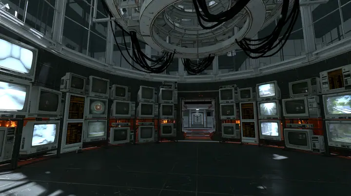 Portal 2 (2011) Source engine screenshot, Valve, GLaDOS's dark central AI chamber: the empty ceiling ring mount with black cables, dozens of old CRT monitors and panel displays around the curved walls, each screen…