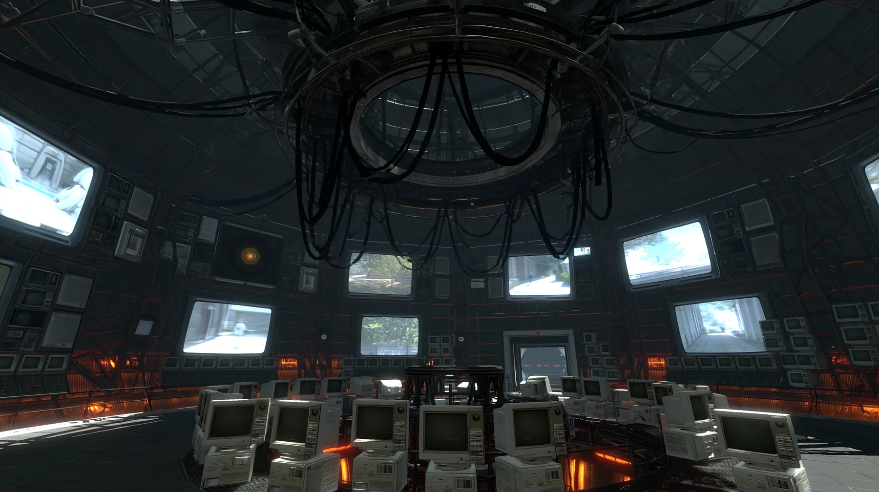 Portal 2 (2011) Source engine screenshot, Valve, GLaDOS's dark central AI chamber: the empty ceiling ring mount with black cables, dozens of old CRT monitors and panel displays around the curved walls, each screen…
