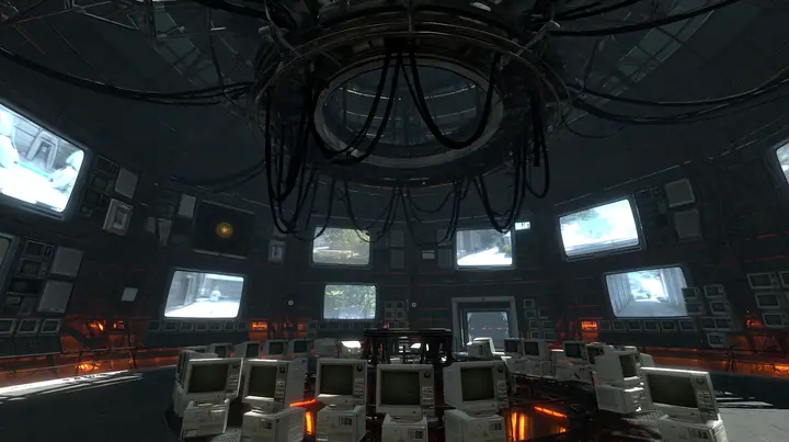 Portal 2 (2011) Source engine screenshot, Valve, GLaDOS's dark central AI chamber: the empty ceiling ring mount with black cables, dozens of old CRT monitors and panel displays around the curved walls, each screen…