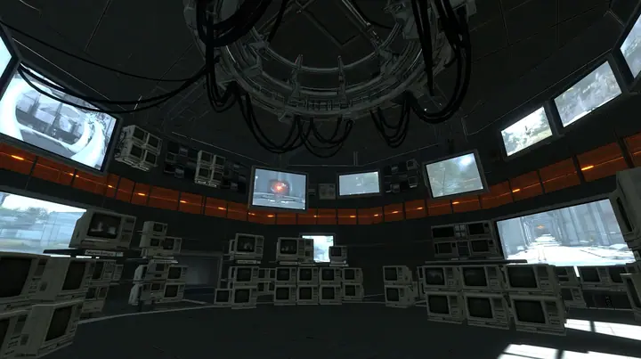 Portal 2 (2011) Source engine screenshot, Valve, GLaDOS's dark central AI chamber: the empty ceiling ring mount with black cables, dozens of old CRT monitors and panel displays around the curved walls, each screen…