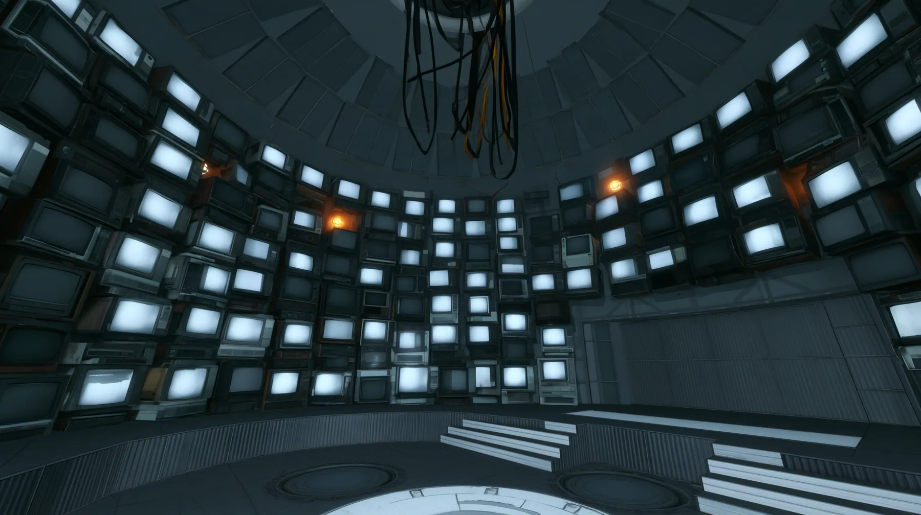 Remove the hanging robot, leaving only the white ceiling ring and its black cables hanging empty, and line the curved walls of the chamber with dozens of old CRT monitors and flat panel screens stacked floor to…