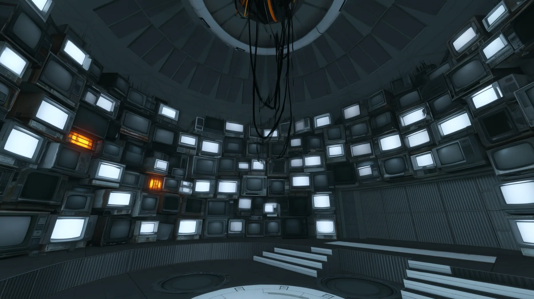Remove the hanging robot, leaving only the white ceiling ring and its black cables hanging empty, and line the curved walls of the chamber with dozens of old CRT monitors and flat panel screens stacked floor to…