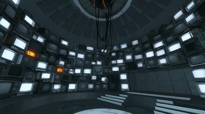 Remove the hanging robot, leaving only the white ceiling ring and its black cables hanging empty, and line the curved walls of the chamber with dozens of old CRT monitors and flat panel screens stacked floor to…