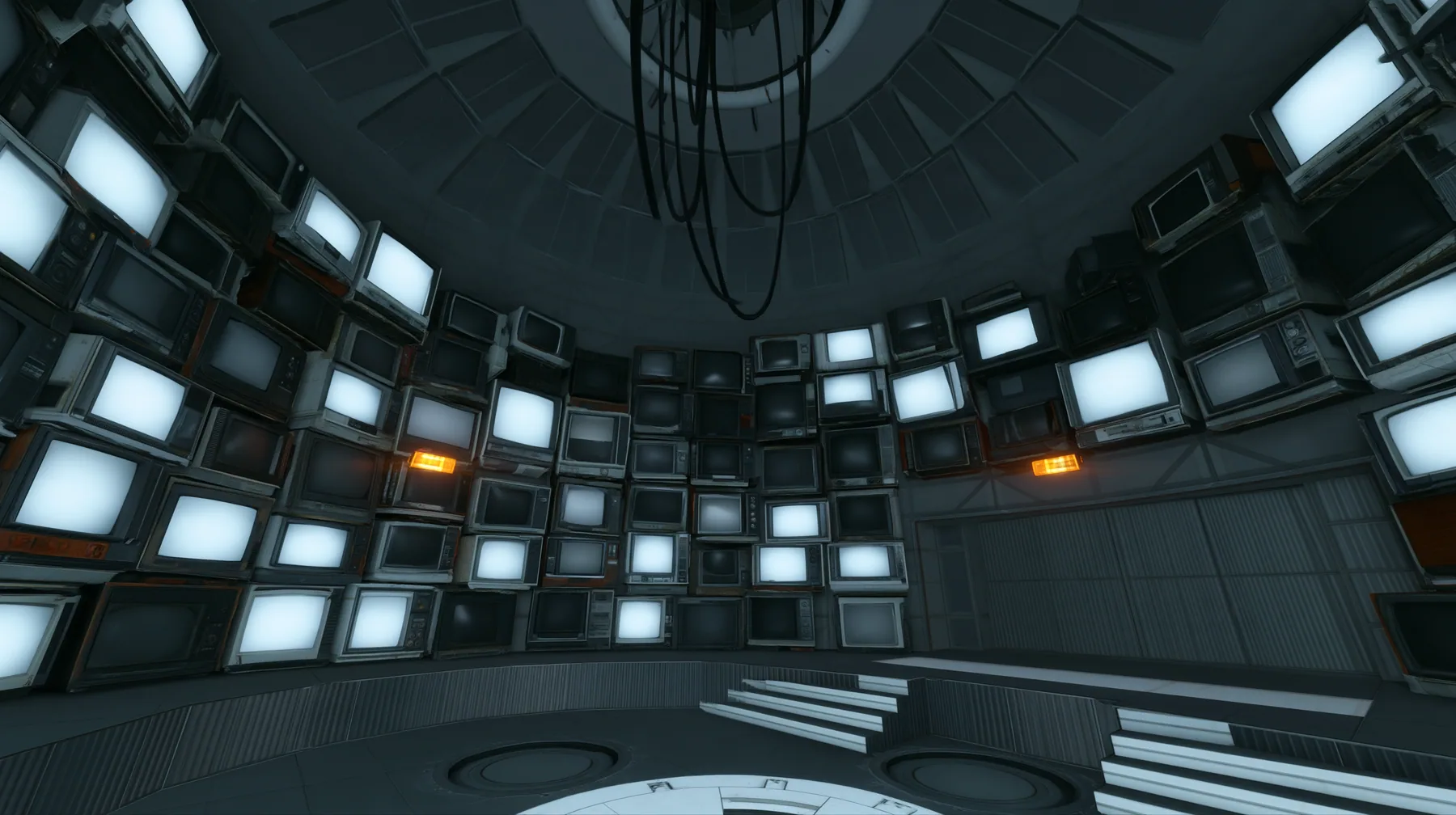 Remove the hanging robot, leaving only the white ceiling ring and its black cables hanging empty, and line the curved walls of the chamber with dozens of old CRT monitors and flat panel screens stacked floor to…