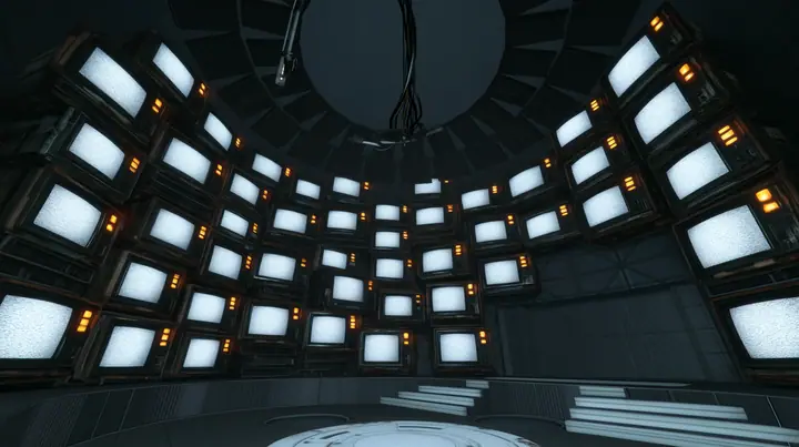 Remove the hanging robot so the ring and cables hang empty, and cover the dark chamber walls with stacks of old CRT televisions and monitors, every screen glowing with white static snow, warm amber indicator lights.…