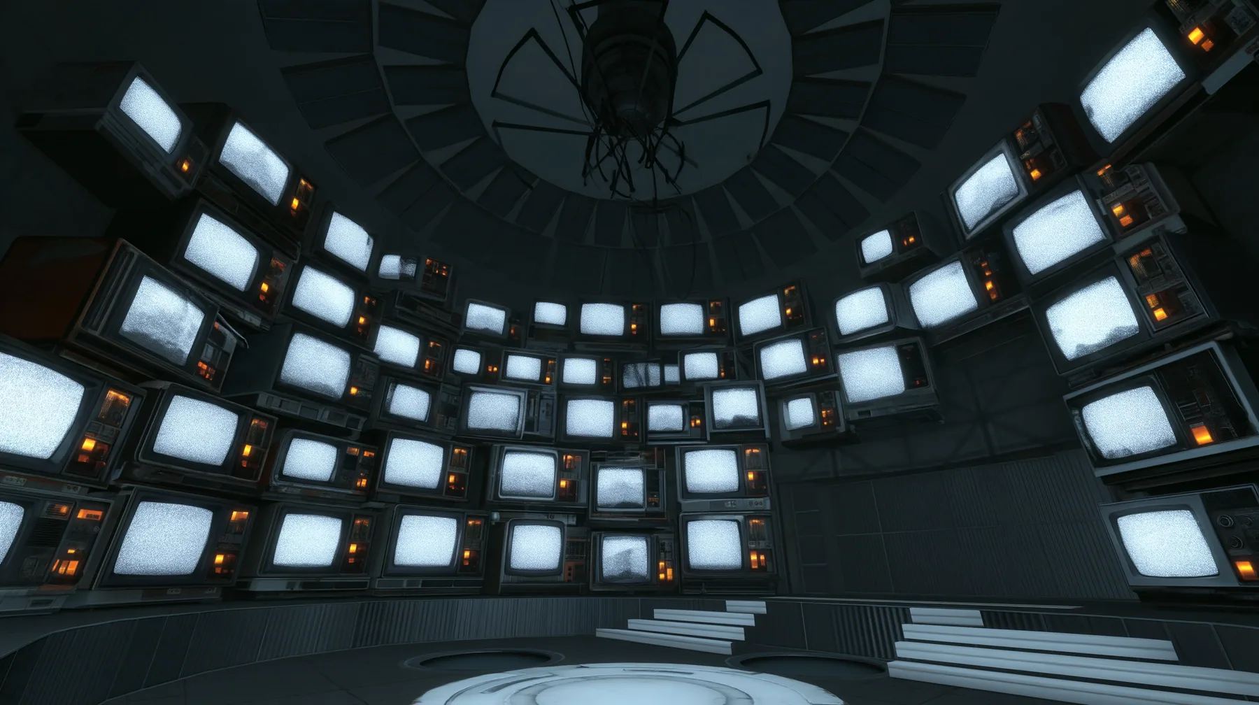 Remove the hanging robot so the ring and cables hang empty, and cover the dark chamber walls with stacks of old CRT televisions and monitors, every screen glowing with white static snow, warm amber indicator lights.…