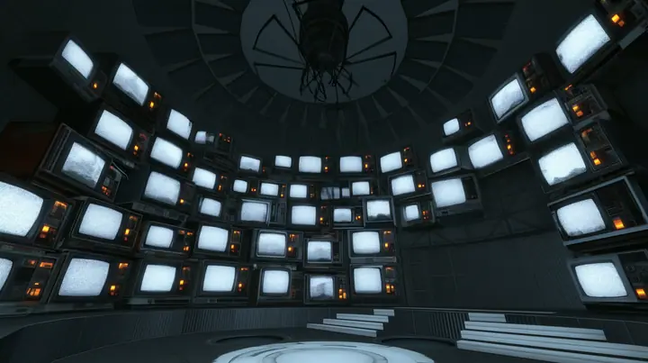 Remove the hanging robot so the ring and cables hang empty, and cover the dark chamber walls with stacks of old CRT televisions and monitors, every screen glowing with white static snow, warm amber indicator lights.…