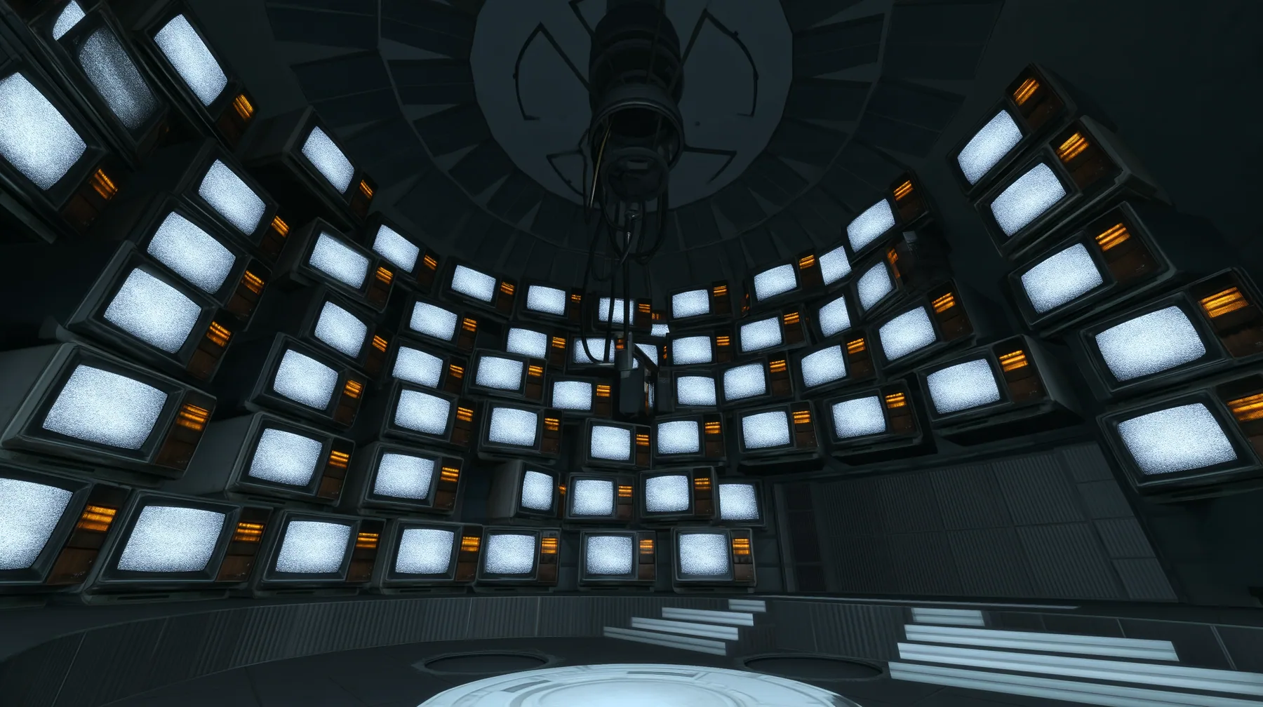 Remove the hanging robot so the ring and cables hang empty, and cover the dark chamber walls with stacks of old CRT televisions and monitors, every screen glowing with white static snow, warm amber indicator lights.…