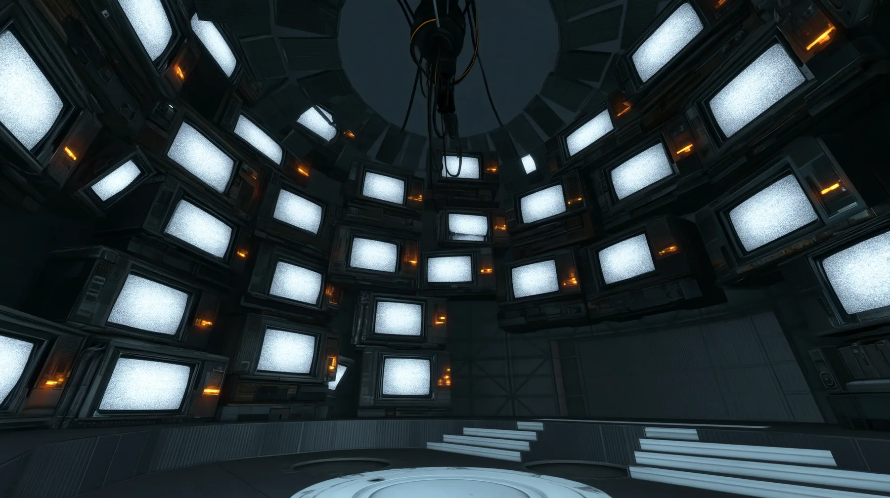 Remove the hanging robot so the ring and cables hang empty, and cover the dark chamber walls with stacks of old CRT televisions and monitors, every screen glowing with white static snow, warm amber indicator lights.…