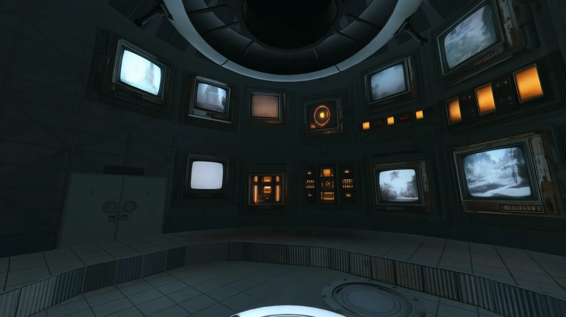 Remove the hanging robot so the cables hang empty, and fill the chamber walls with old CRT monitors and panel displays, each screen showing a different soft blurred memory image: a white test chamber, a glowing core,…