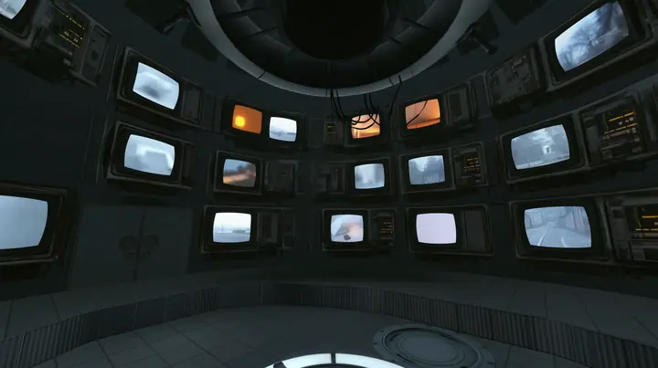 Remove the hanging robot so the cables hang empty, and fill the chamber walls with old CRT monitors and panel displays, each screen showing a different soft blurred memory image: a white test chamber, a glowing core,…