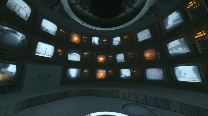 Remove the hanging robot so the cables hang empty, and fill the chamber walls with old CRT monitors and panel displays, each screen showing a different soft blurred memory image: a white test chamber, a glowing core,…