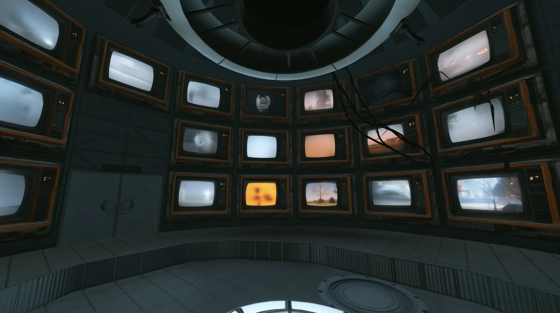 Remove the hanging robot so the cables hang empty, and fill the chamber walls with old CRT monitors and panel displays, each screen showing a different soft blurred memory image: a white test chamber, a glowing core,…