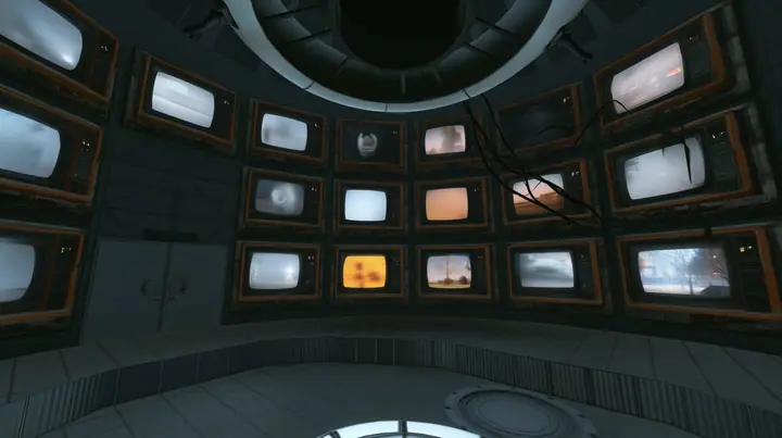 Remove the hanging robot so the cables hang empty, and fill the chamber walls with old CRT monitors and panel displays, each screen showing a different soft blurred memory image: a white test chamber, a glowing core,…