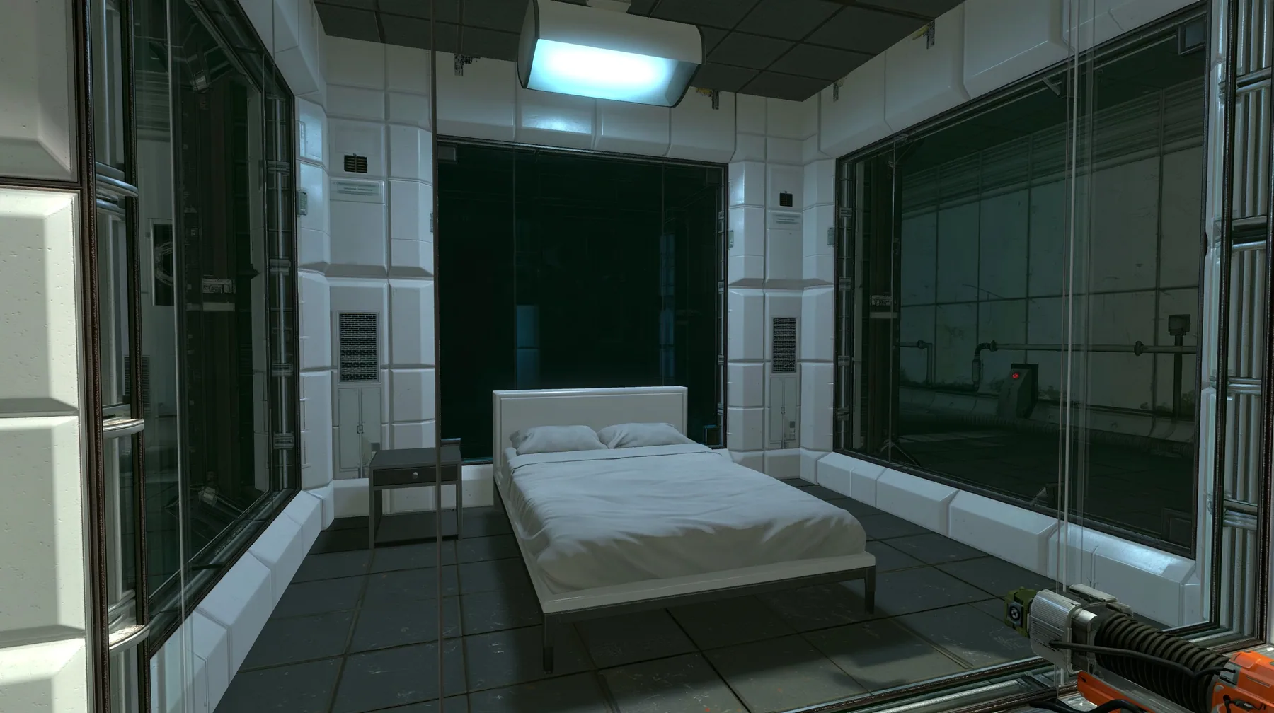 Portal 2 (2011) Source engine screenshot, Valve, an Aperture Science relaxation vault: a small clean white sleeping room behind glass walls with a single neatly made bed, a bedside table, a soft ceiling light, the…