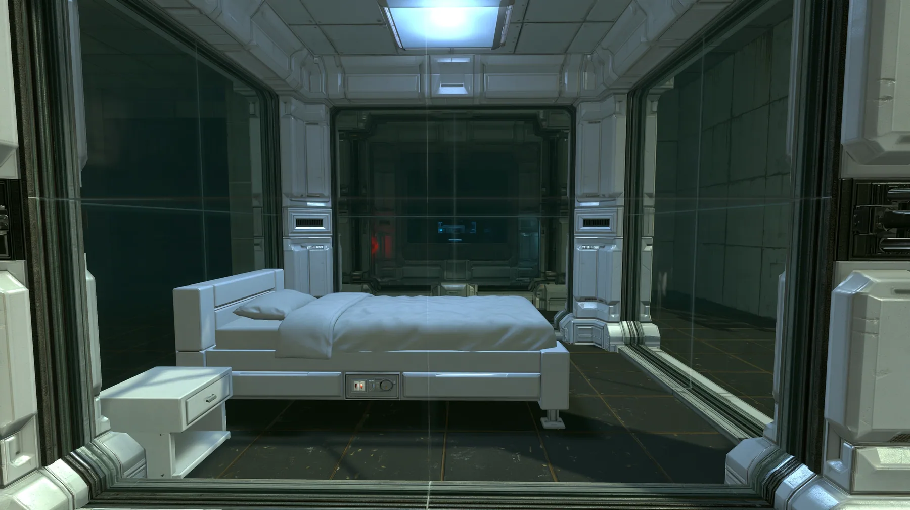 Portal 2 (2011) Source engine screenshot, Valve, an Aperture Science relaxation vault: a small clean white sleeping room behind glass walls with a single neatly made bed, a bedside table, a soft ceiling light, the…